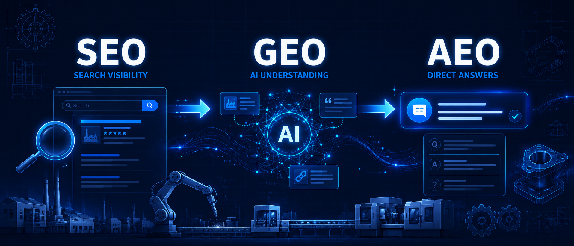 What SEO, GEO and AEO Mean for Manufacturing Companies Cover Image